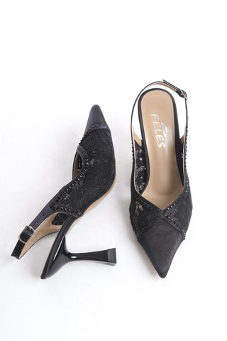 Kadın Sivri Burun Taşlı Dantel Detaylı Arkası Açık Atkılı Abiye Ayakakbı Nast Siyah