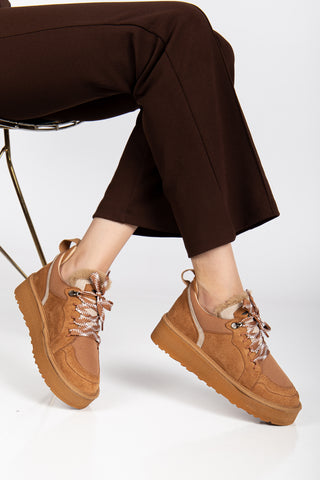 Kadın Kalın Taban Bağcıklı Günlük Sneaker Ayakkabı Remi Taba Süet