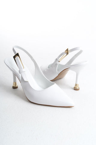 Kadın Stiletto Sivri Burun Arkası Açık Ince Topuklu Toka Detaylı Günlük Ayakkabı Faye Beyaz