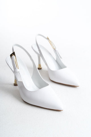 Kadın Stiletto Sivri Burun Arkası Açık Ince Topuklu Toka Detaylı Günlük Ayakkabı Faye Beyaz