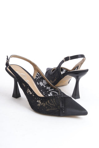 Kadın Sivri Burun Taşlı Dantel Detaylı Arkası Açık Atkılı Abiye Ayakakbı Nast Siyah