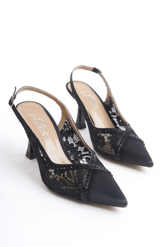 Kadın Sivri Burun Taşlı Dantel Detaylı Arkası Açık Atkılı Abiye Ayakakbı Nast Siyah