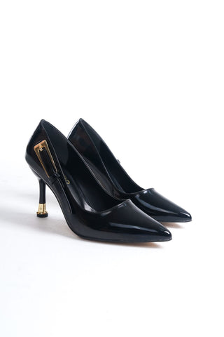 Kadın Sivri Burun Tokalı Topuklu Stiletto Ayakkabı Doru Siyah Rugan