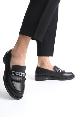 Kadın Loafer Makosen Casual Tokalı Günlük Ayakkabı Tery Siyah Cilt