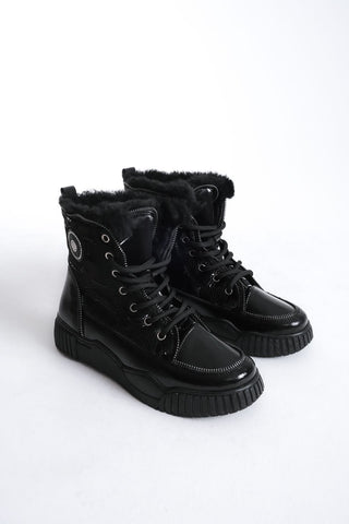 Kadın Kalın Taban Kürklü Bağcıklı Sneaker Günlük Bot Neys Siyah