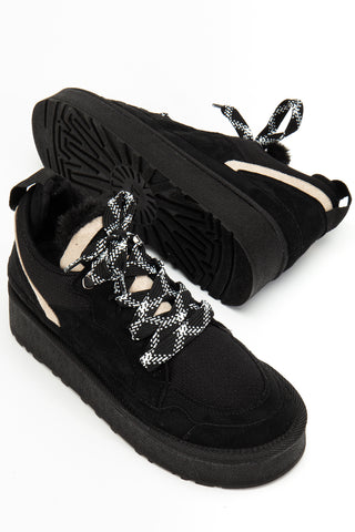 Kadın Kalın Taban Bağcıklı Günlük Sneaker Ayakkabı Remi Siyah Süet