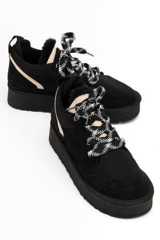 Kadın Kalın Taban Bağcıklı Günlük Sneaker Ayakkabı Remi Siyah Süet