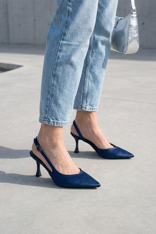 Siena Kadın Stiletto Sivri Burun Arkası Açık Atkılı Topuklu Ayakkabı Lacivert