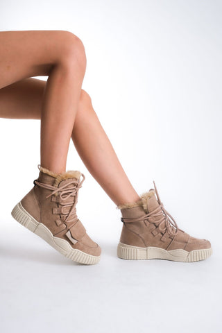 Kadın Sneaker Kalın Taban Kürklü Bağcıklı Günlük Bot Tefi Vizon