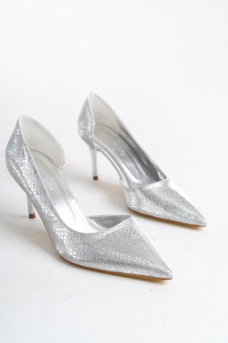 Kadın Sivri Burun İnce Topuk Stiletto Şık Abiye Günlük Ayakkabı Allure Gümüş