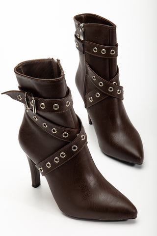 Kadın Fermuarlı Sivri Burun İnce Ökçe Kemer Toka Detaylı Günlük Bot Lopez