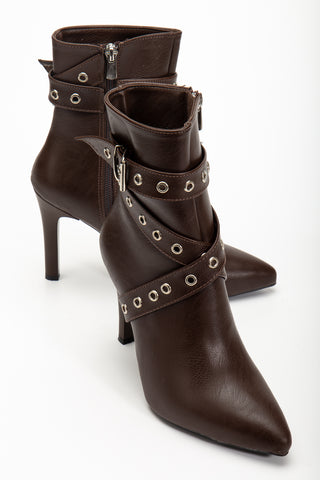 Kadın Fermuarlı Sivri Burun İnce Ökçe Kemer Toka Detaylı Günlük Bot Lopez