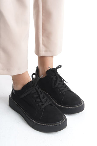 Kadın Sneaker Yüksek Taban Bağcıklı Spor Ayakkabı Sole Siyah