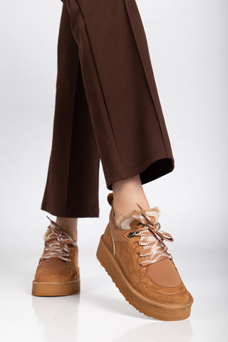 Kadın Kalın Taban Bağcıklı Günlük Sneaker Ayakkabı Remi Taba Süet