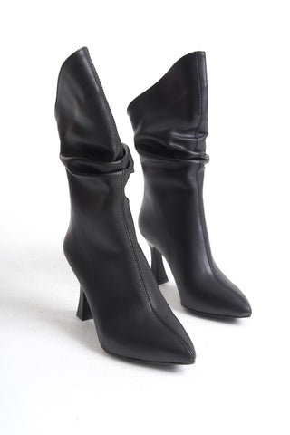 Kadın Topuklu Sivri Burun Körüklü Arkadan Fermuarlı Kadeh Ökçe Bot Sara Siyah