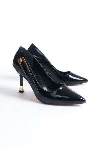 Kadın Sivri Burun Tokalı Topuklu Stiletto Ayakkabı Doru Siyah Rugan