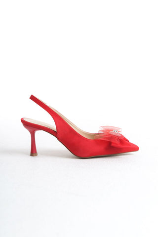 Kadın Stiletto Arkası Açık Fiyonk Detaylı Topuklu Günlük Ayakkabı Mesh Kırmızı