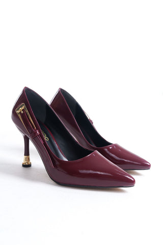 Kadın Sivri Burun Tokalı Topuklu Stiletto Ayakkabı Doru Bordo Rugan
