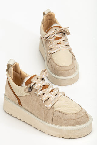 Kadın Kalın Taban Bağcıklı Günlük Sneaker Ayakkabı Remi Bej Süet