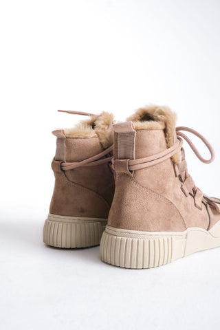 Kadın Sneaker Kalın Taban Kürklü Bağcıklı Günlük Bot Tefi Vizon