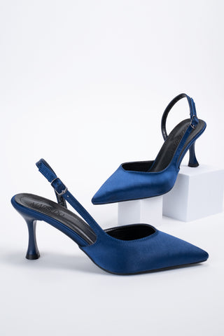 Siena Kadın Stiletto Sivri Burun Arkası Açık Atkılı Topuklu Ayakkabı Lacivert