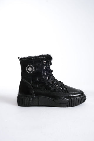 Kadın Kalın Taban Kürklü Bağcıklı Sneaker Günlük Bot Neys Siyah
