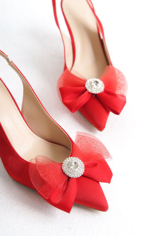 Kadın Stiletto Arkası Açık Fiyonk Detaylı Topuklu Günlük Ayakkabı Mesh Kırmızı