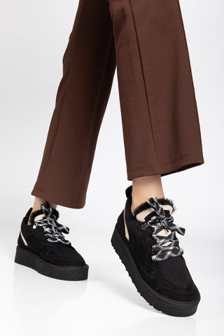 Kadın Kalın Taban Bağcıklı Günlük Sneaker Ayakkabı Remi Siyah Süet