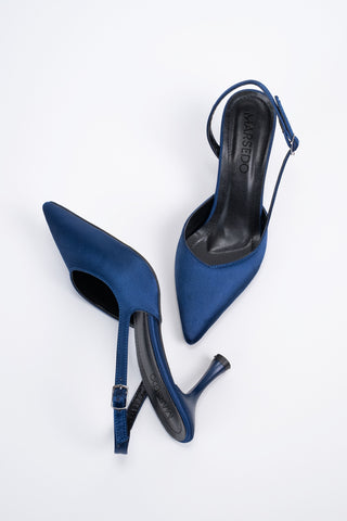 Siena Kadın Stiletto Sivri Burun Arkası Açık Atkılı Topuklu Ayakkabı Lacivert