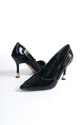 Kadın Sivri Burun Tokalı Topuklu Stiletto Ayakkabı Doru Siyah Rugan