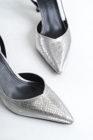 Siena Kadın Stiletto Sivri Burun Arkası Açık Atkılı Topuklu Ayakkabı Platin
