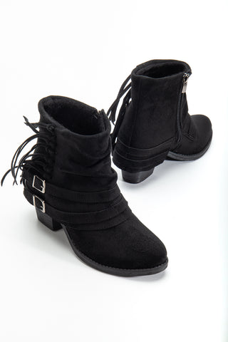 Kadın Kalın Topuk Yuvarlak Burun Fermuarlı Pantolon Bot Davina Siyah Süet