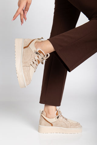 Kadın Kalın Taban Bağcıklı Günlük Sneaker Ayakkabı Remi Bej Süet