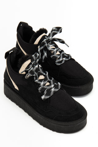 Kadın Kalın Taban Bağcıklı Günlük Sneaker Ayakkabı Remi Siyah Süet