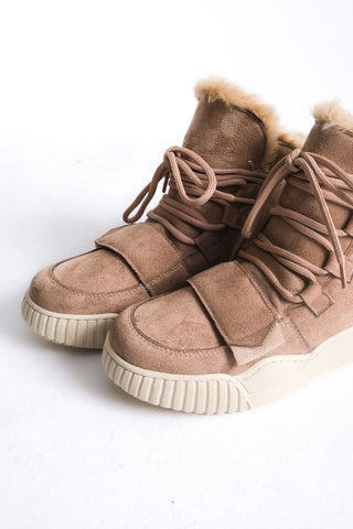 Kadın Sneaker Kalın Taban Kürklü Bağcıklı Günlük Bot Tefi Vizon