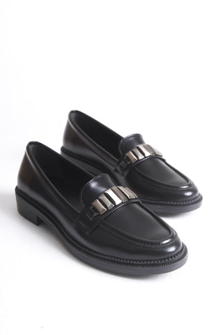 Kadın Loafer Makosen Tokalı Klasik Ayakkabı Elen Siyah Cilt