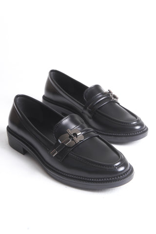 Kadın Loafer Makosen Tokalı Klasik Ayakkabı Naya Siyah Cilt