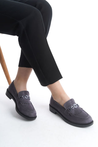 Kadın Loafer Makosen Casual Tokalı Günlük Ayakkabı Tery Gri