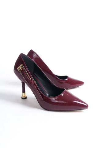 Kadın Sivri Burun Tokalı Topuklu Stiletto Ayakkabı Doru Bordo Rugan