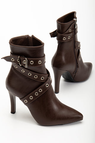 Kadın Fermuarlı Sivri Burun İnce Ökçe Kemer Toka Detaylı Günlük Bot Lopez