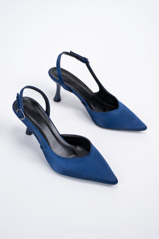 Siena Kadın Stiletto Sivri Burun Arkası Açık Atkılı Topuklu Ayakkabı Lacivert