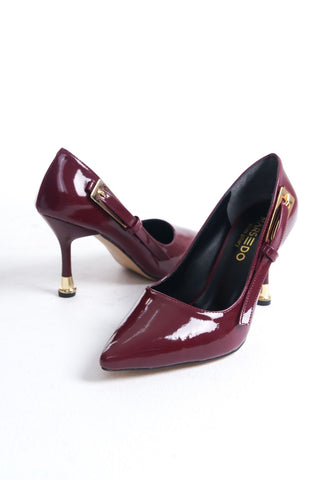 Kadın Sivri Burun Tokalı Topuklu Stiletto Ayakkabı Doru Bordo Rugan