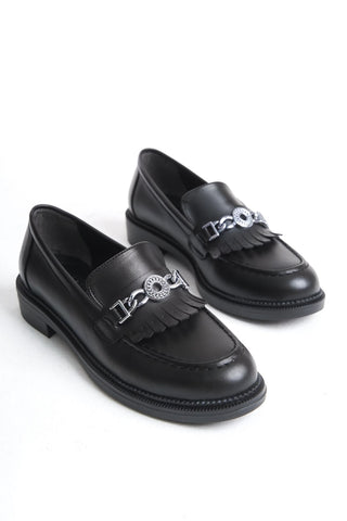 Kadın Loafer Makosen Casual Tokalı Günlük Ayakkabı Tery Siyah Cilt