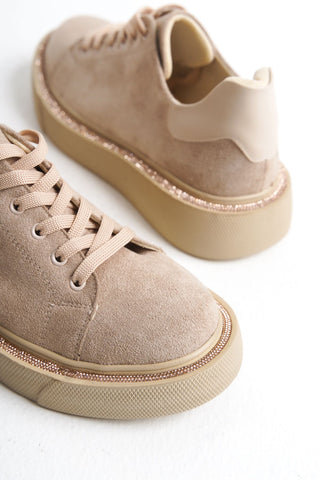 Kadın Sneaker Yüksek Taban Bağcıklı Spor Ayakkabı Sole Bej