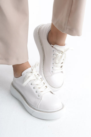 Kadın Sneaker Yüksek Taban Bağcıklı Spor Ayakkabı Sole Beyaz