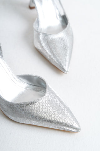 Siena Kadın Stiletto Sivri Burun Arkası Açık Atkılı Topuklu Ayakkabı Gümüş