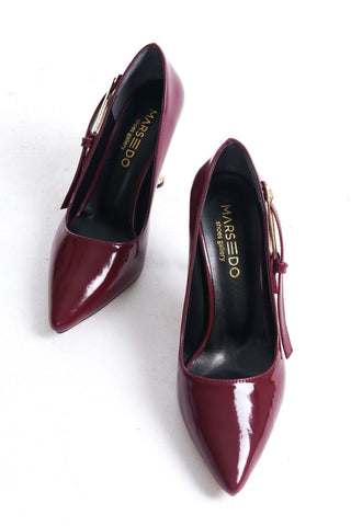 Kadın Sivri Burun Tokalı Topuklu Stiletto Ayakkabı Doru Bordo Rugan