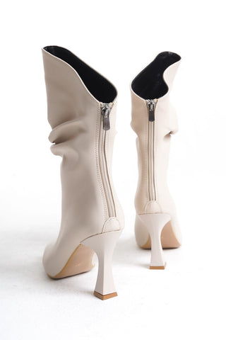 Kadın Topuklu Sivri Burun Körüklü Arkadan Fermuarlı Kadeh Ökçe Bot Sara Bej